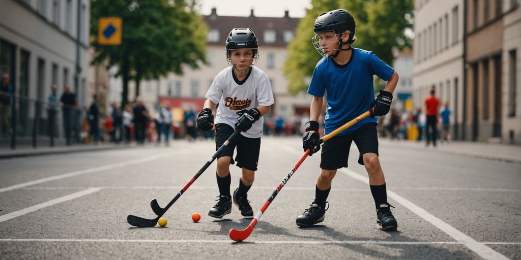 Kinder spielen Street Hockey auf der Straße.