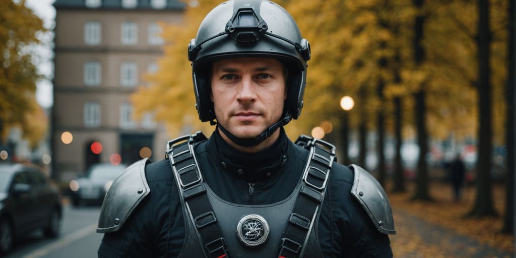 Person in Schutzkleidung, Helm und Handschuhe